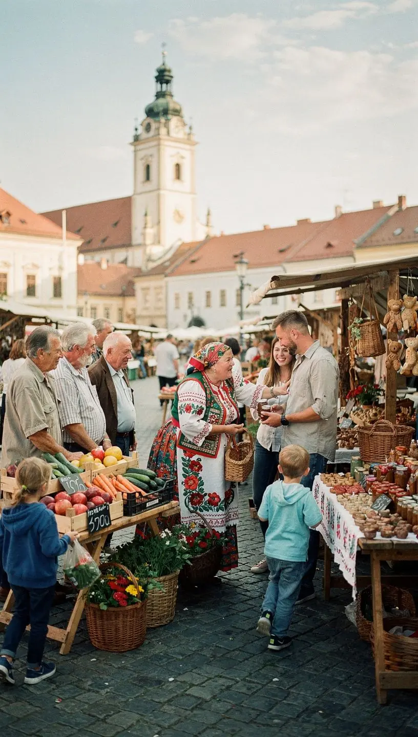 Turistická skupina prechádzajúca pešou trasou cez malebné námestie s historickými pamiatkami.