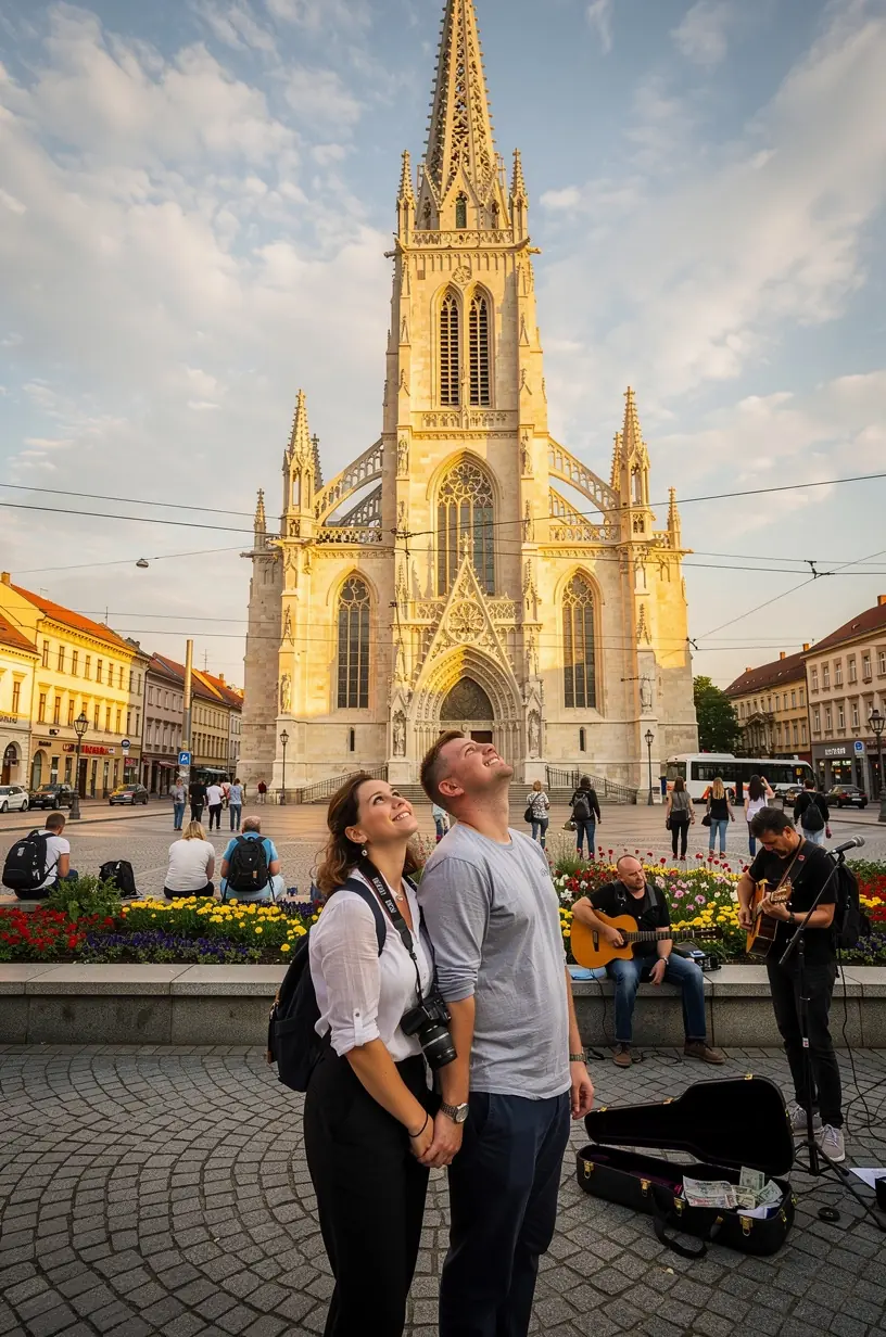 Pohľad na starobylú mestskú vežu so zvonicou a výhľadom na okolitú architektúru.